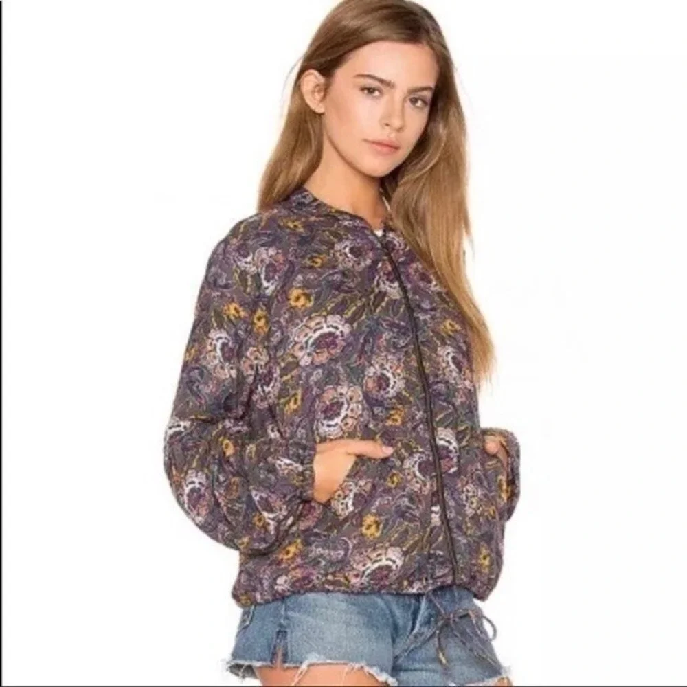 Free People Floral Bomber Jacket Women M  Boho Balloon Sleeve Festival